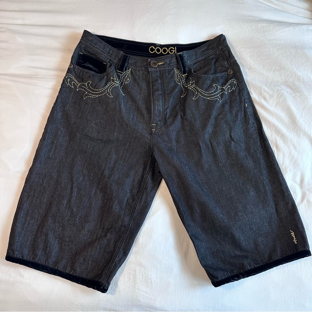 COOGI Men’s Vintage Baggy Black Shorts with Gold Stitching & Velvet details Y2K